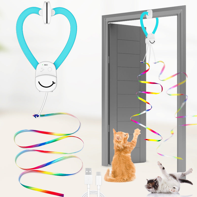 Hanging electric door cat toy for self-entertainment and boredom, rotating ribbon automatic cat toy, cat toy stick