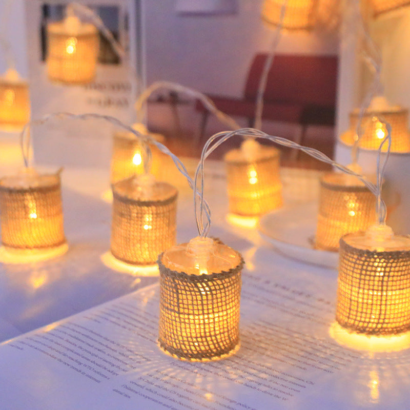 led string lights, Chinese-style linen cylindrical lights, room, courtyard, day atmosphere decoration string lights, flash USB power supply